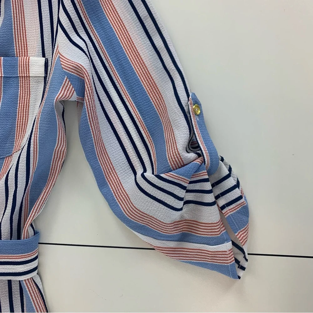 Urban Girl Women’s Belted Cargo Shirt Dress Tunic Mini Tie Waist Stripe Small - Picture 9 of 16